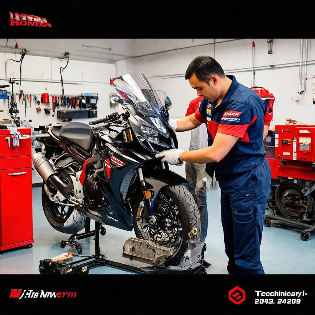 Kỹ thuật viên tại Honda Thu Thủy 210 Hưng Yên Lộc Vượng Nam Định đang bảo dưỡng xe máy